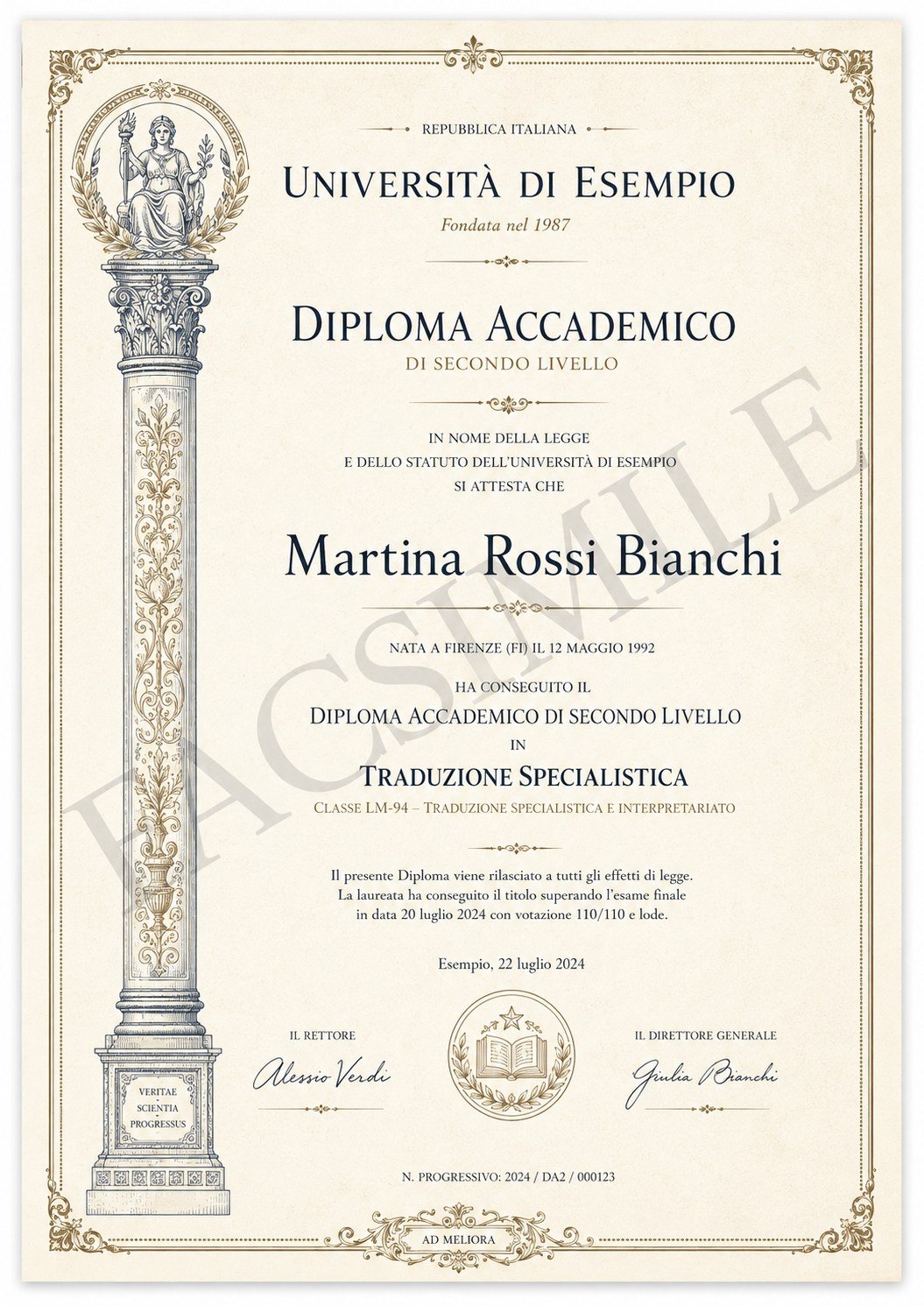 Esempio (facsimile) di un diploma di laurea italiano